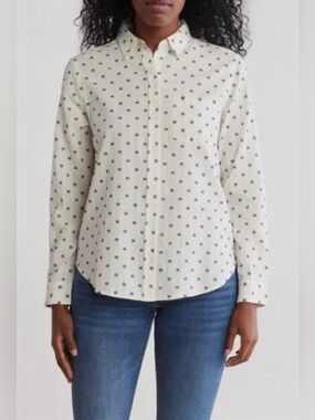 Lucky Brand Clip Dot Long Sleeve Button-Up Shirt Cream Clipdot Size Large
